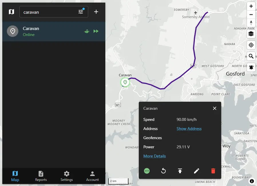 Screenshot of CoreGPS vehicle tracking platform displaying a vehicle’s real-time position, speed, trip odometer, and Online status. The map shows a road-hugging trail of the journey. Real-time GPS tracking view of a vehicle showing precise road-hugging route, speed, trip odometer, and green Online status connected to CoreGPS servers.
