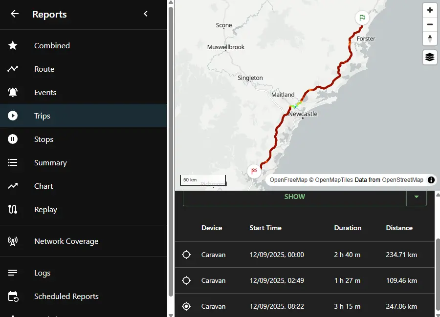 Screenshot of CoreGPS trip report interface displaying a vehicle’s itemised journeys. Includes start times, trip duration, distances travelled, and a mapped breadcrumb trail of the route. Trip history report for a vehicle showing itemised journeys with start time, duration, distance, and a breadcrumb trail map from Newcastle to Forster.