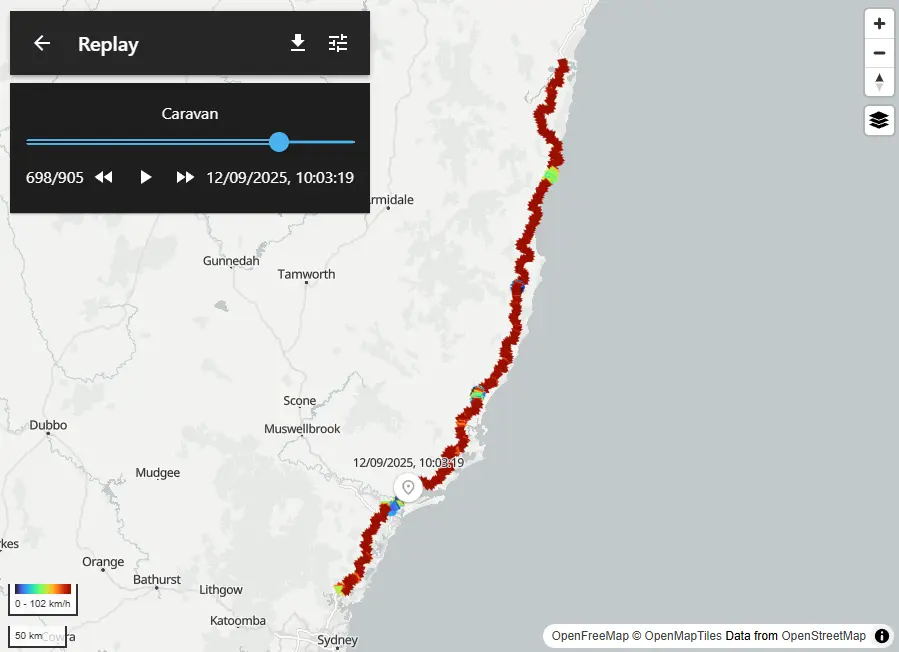 Screenshot of CoreGPS trip replay feature showing a vehicle’s route along the NSW coast with playback slider, timestamp, and speed colour overlay. Trip replay map showing a vehicle’s journey along the NSW coastline with playback controls, timestamp, and speed heatmap.