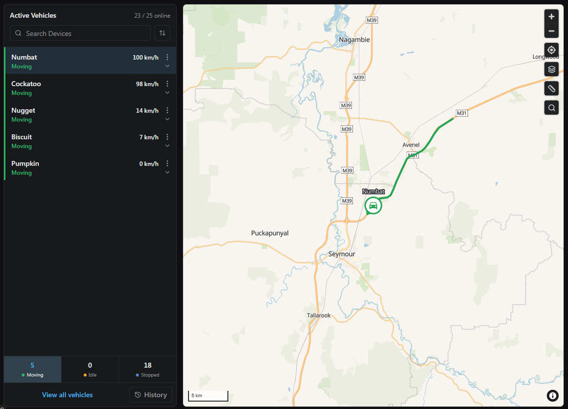 CoreGPS active vehicles list beside a live map with current vehicle speed and position