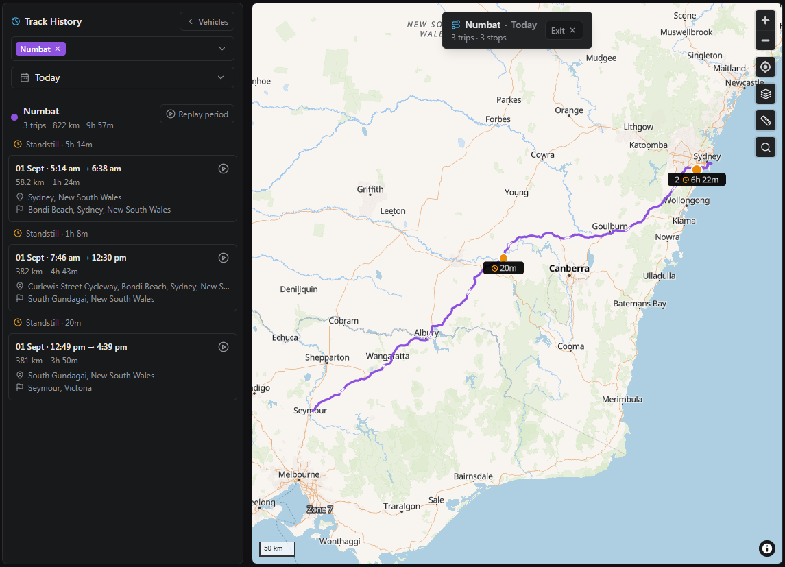 CoreGPS track history showing three trips, stops and standstill durations on a mapped route