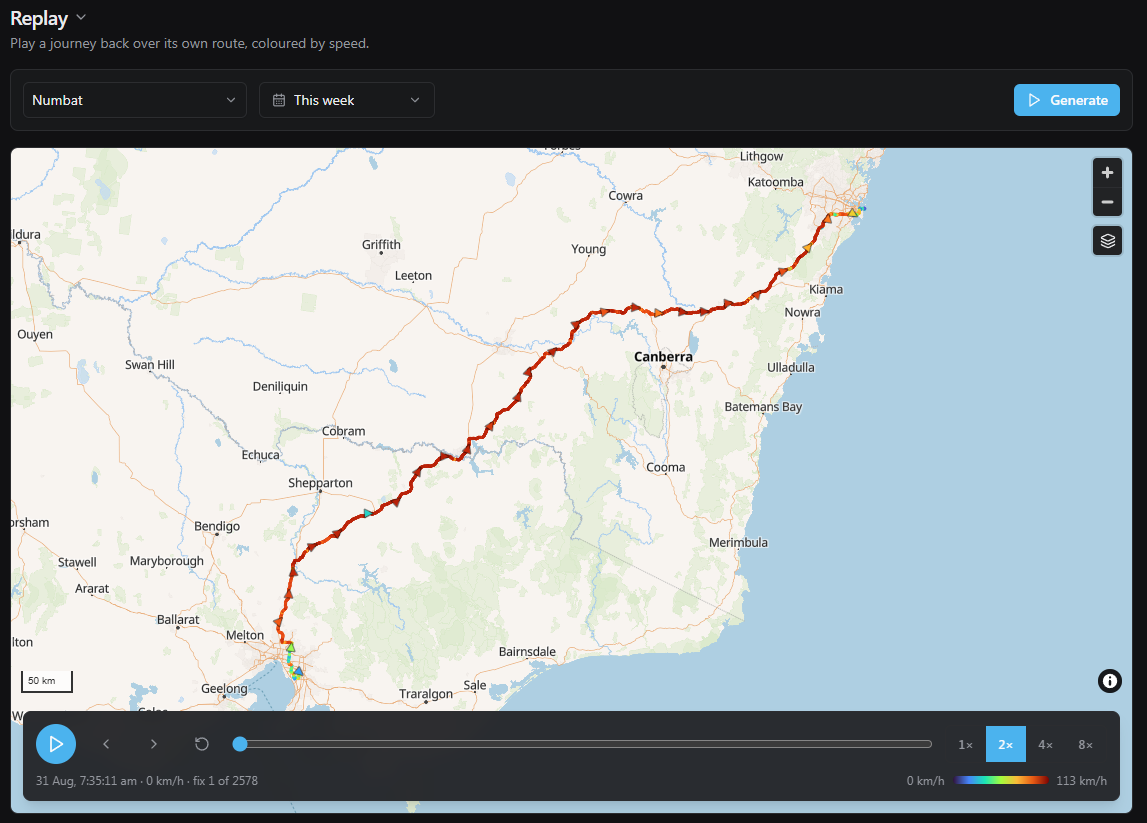 CoreGPS journey replay with route coloured by speed and playback controls