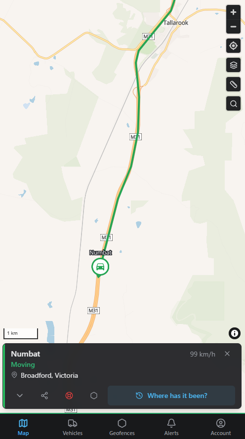 CoreGPS mobile live map showing vehicle speed, status and current location