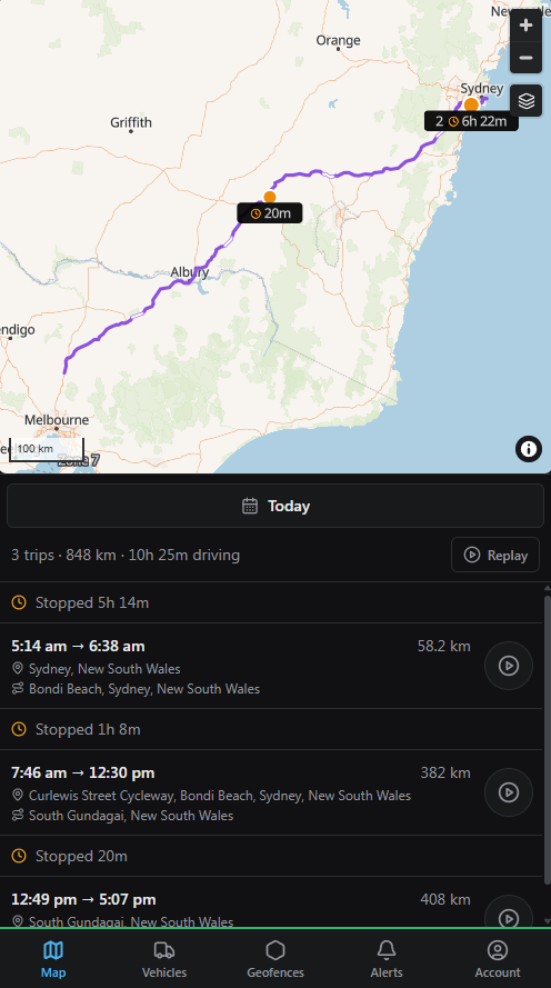 CoreGPS mobile journey history showing trips, stops, distance and driving time
