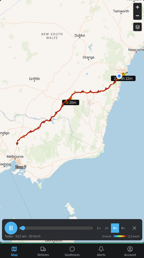 CoreGPS mobile route replay with journey coloured by speed and playback controls