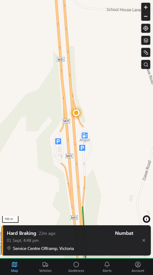 CoreGPS mobile alert detail showing a hard braking event on the map